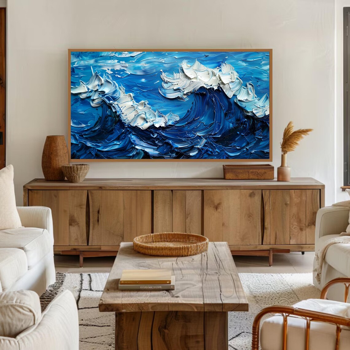 Blue Ocean Waves White Foam Textured Impasto Seascape Painting Poster - Image 2