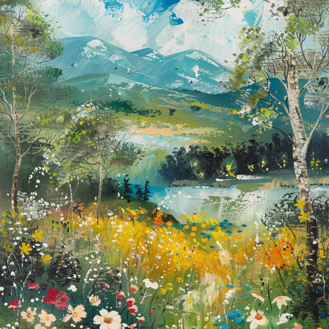 Wildflower Meadow Mountain Lake Birch Trees Summer Landscape Poster - Image 3