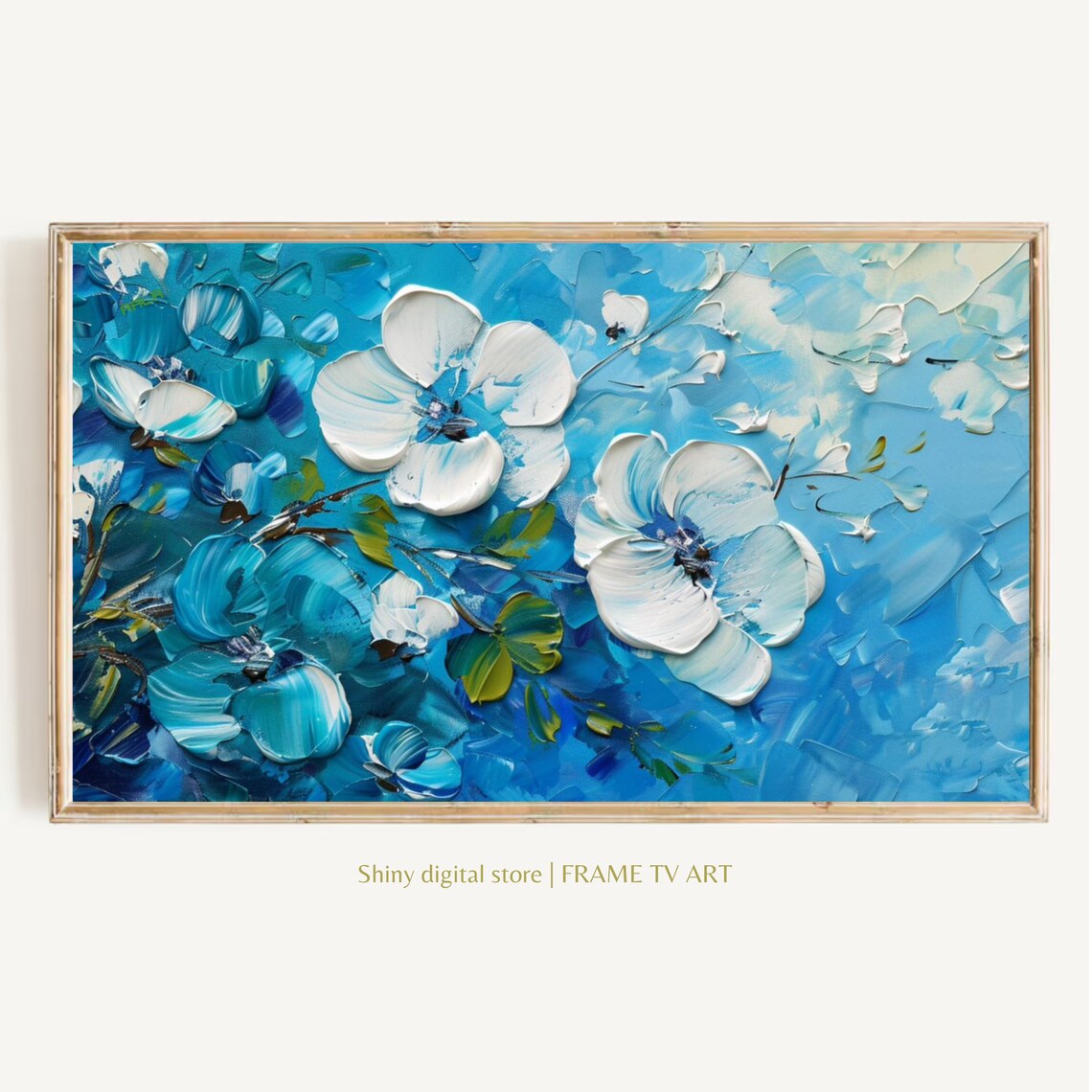Blue White Impasto Floral Oil Painting Textured Spring Art Poster
