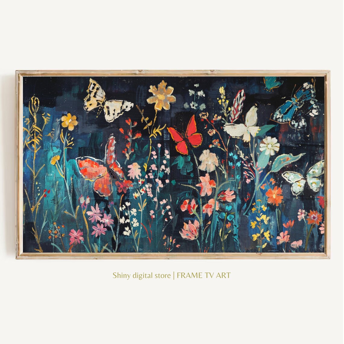 Dark Botanical Butterfly Garden Jewel Toned Wildflower Art Poster