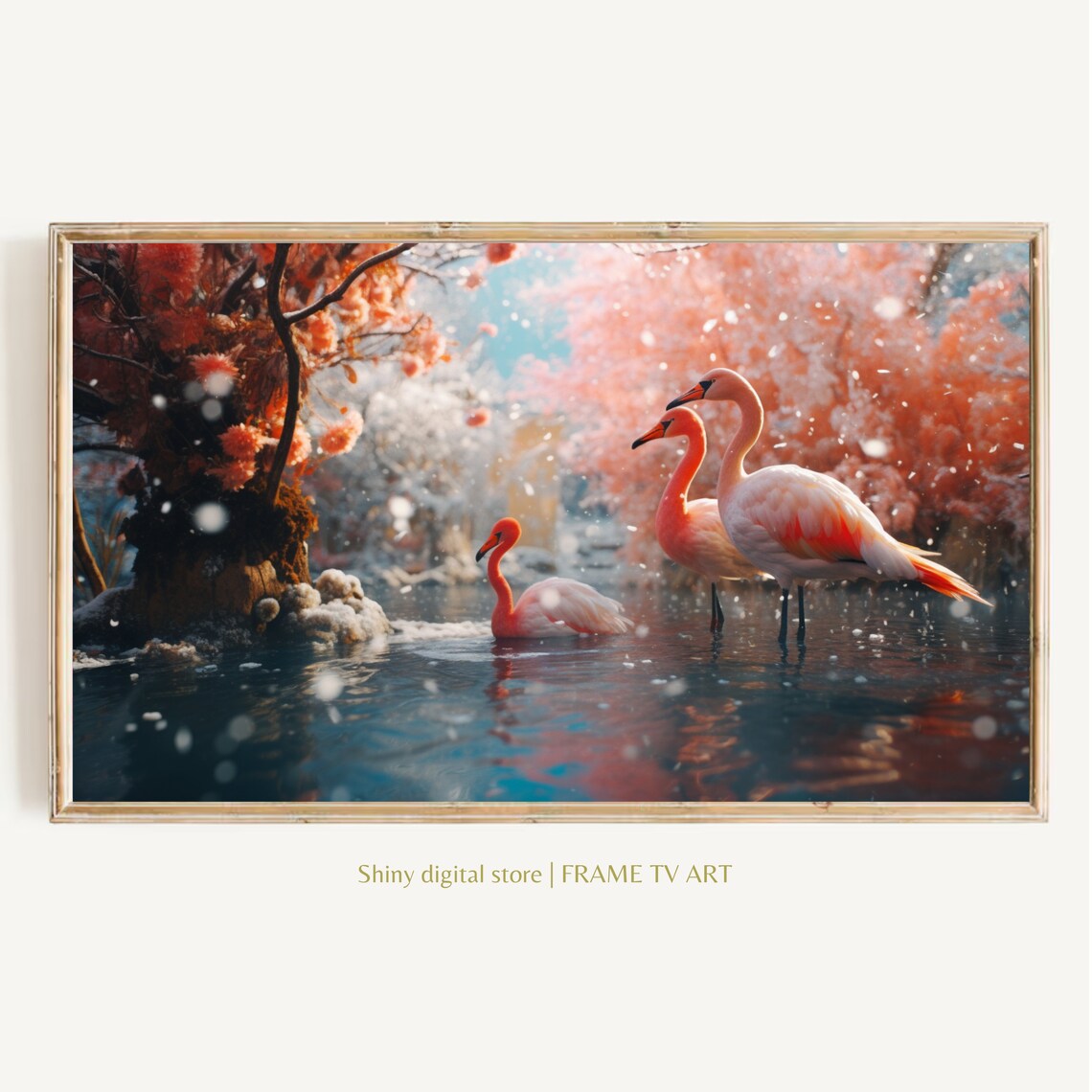 Pink Flamingos Blossom Lake Wading Tropical Watercolor Art Poster