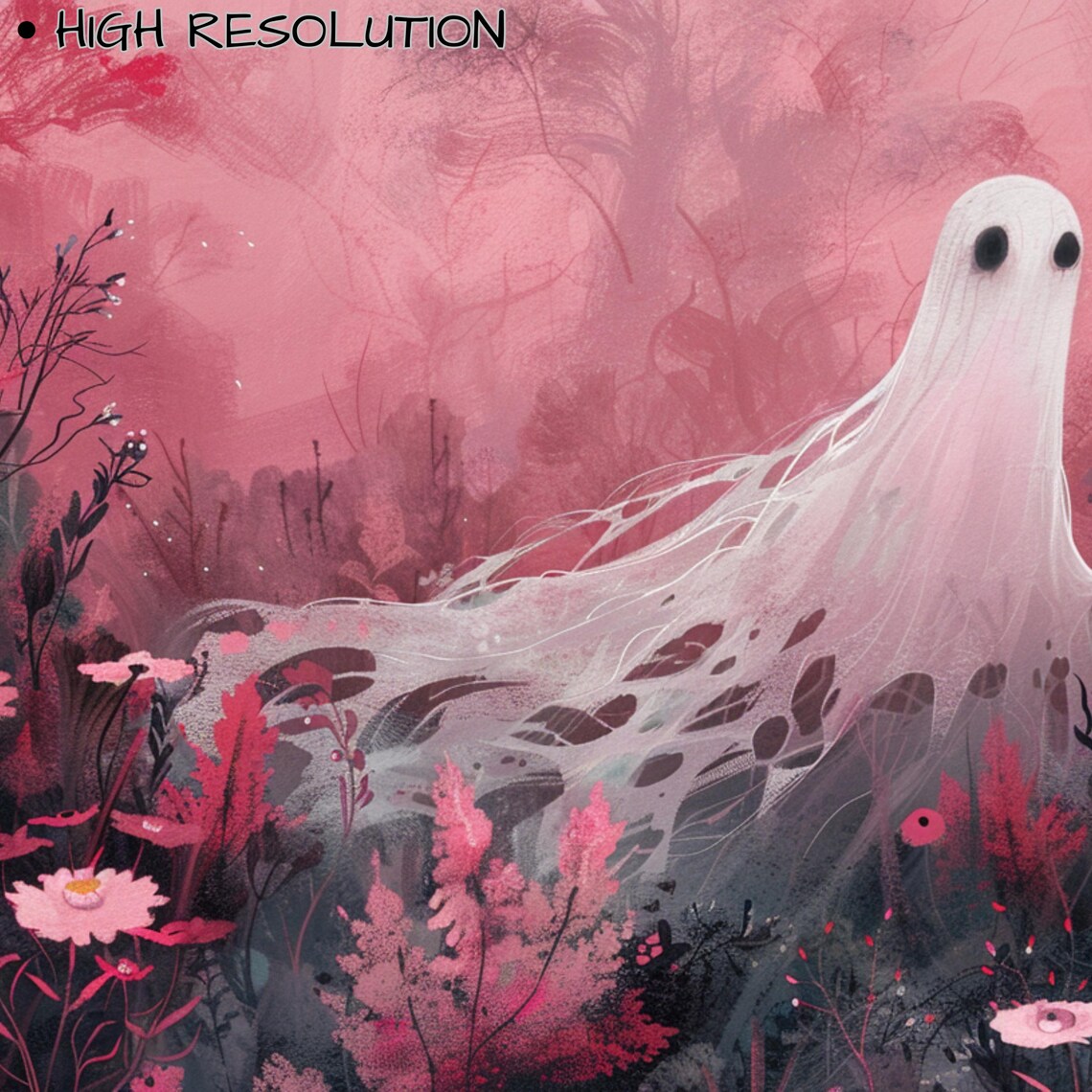 Ethereal Ghost Among Wildflowers Pink Mist Halloween Art Poster - Image 3