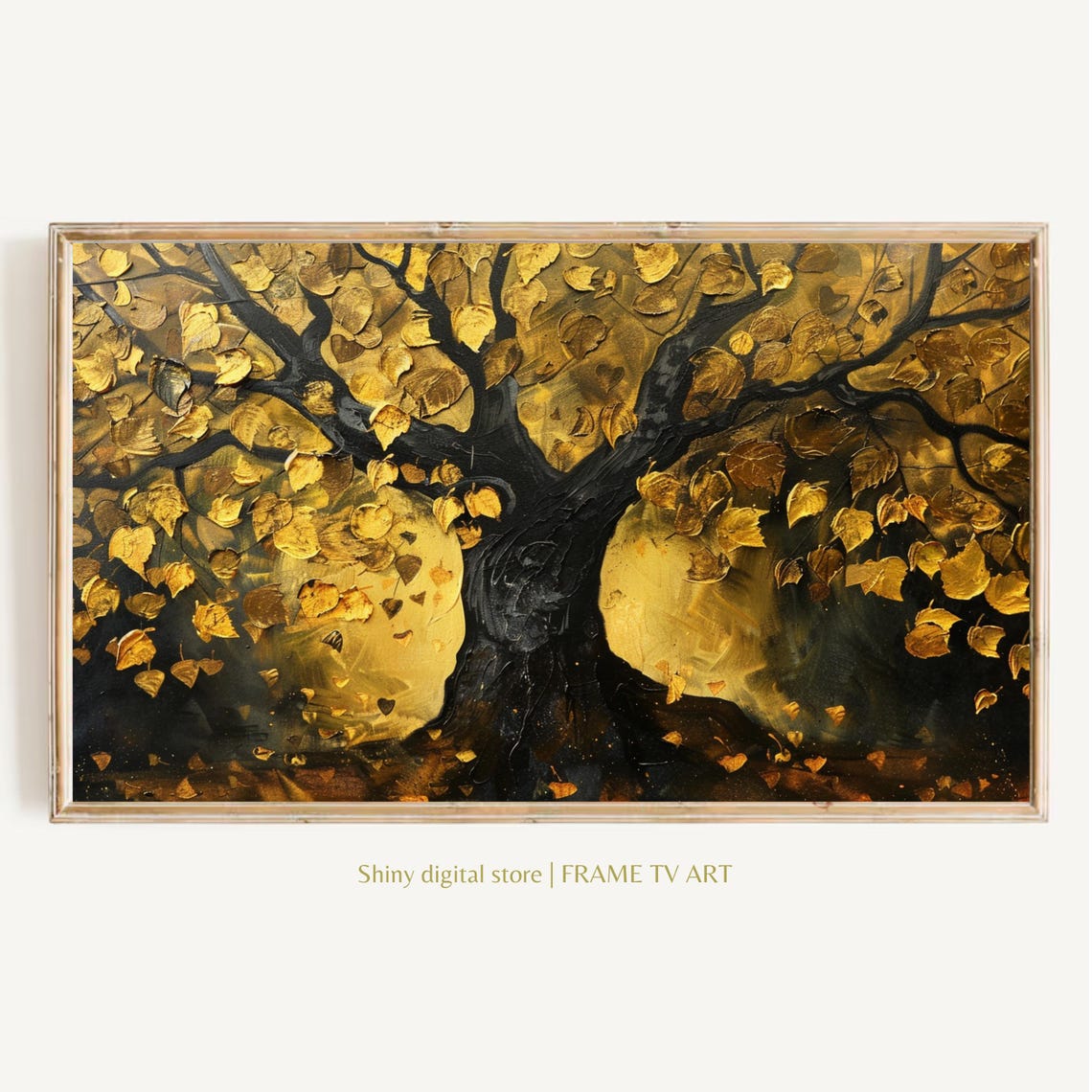 Dark Gold Tree Painting Moody Black Branches Golden Leaves Art Poster