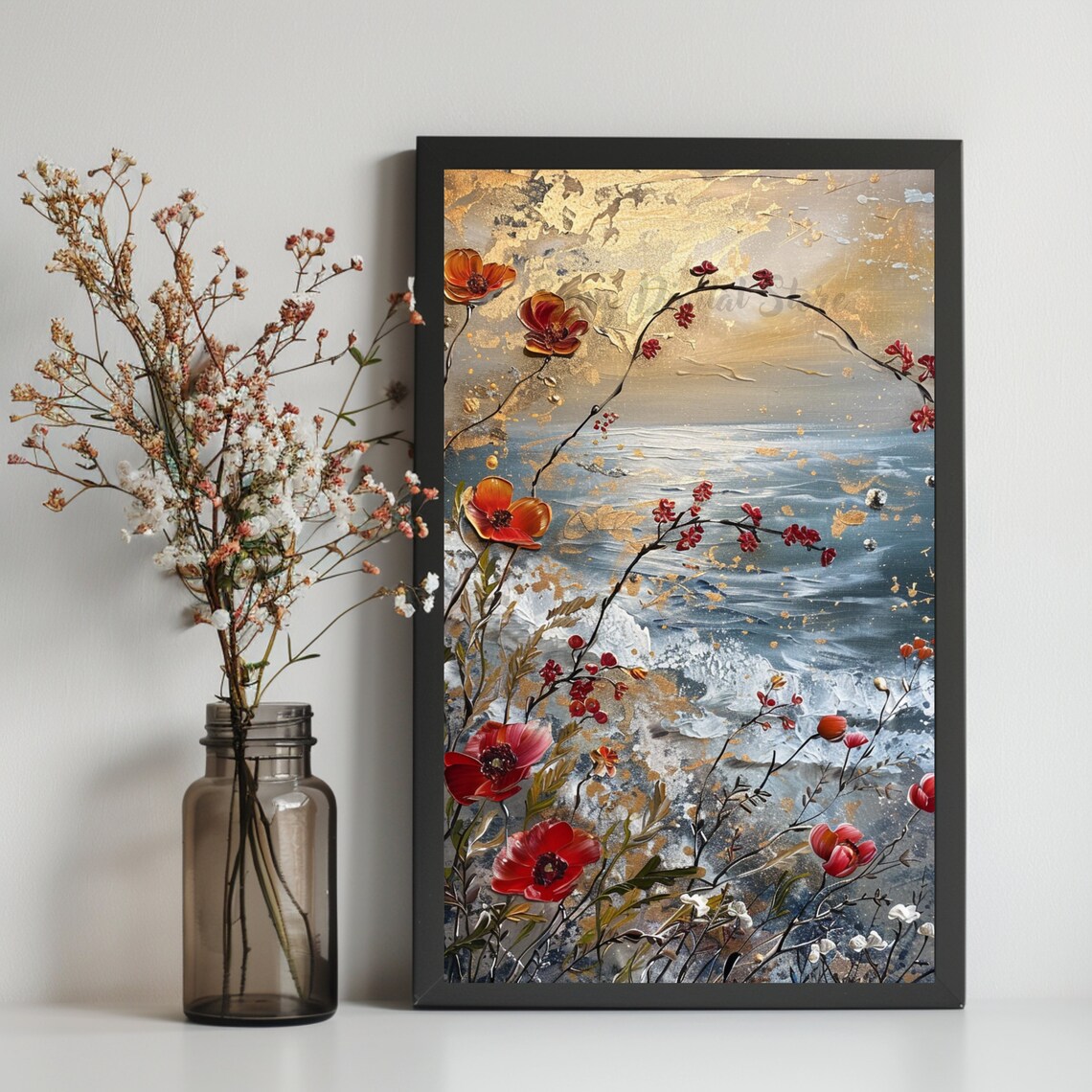 Red Poppies Ocean Cliff Sunset Golden Impasto Floral Beach Poster - Image 2
