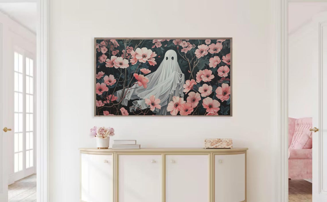 Cute White Ghost Among Pink Cosmos Flowers Halloween Floral Wall Art - Image 2