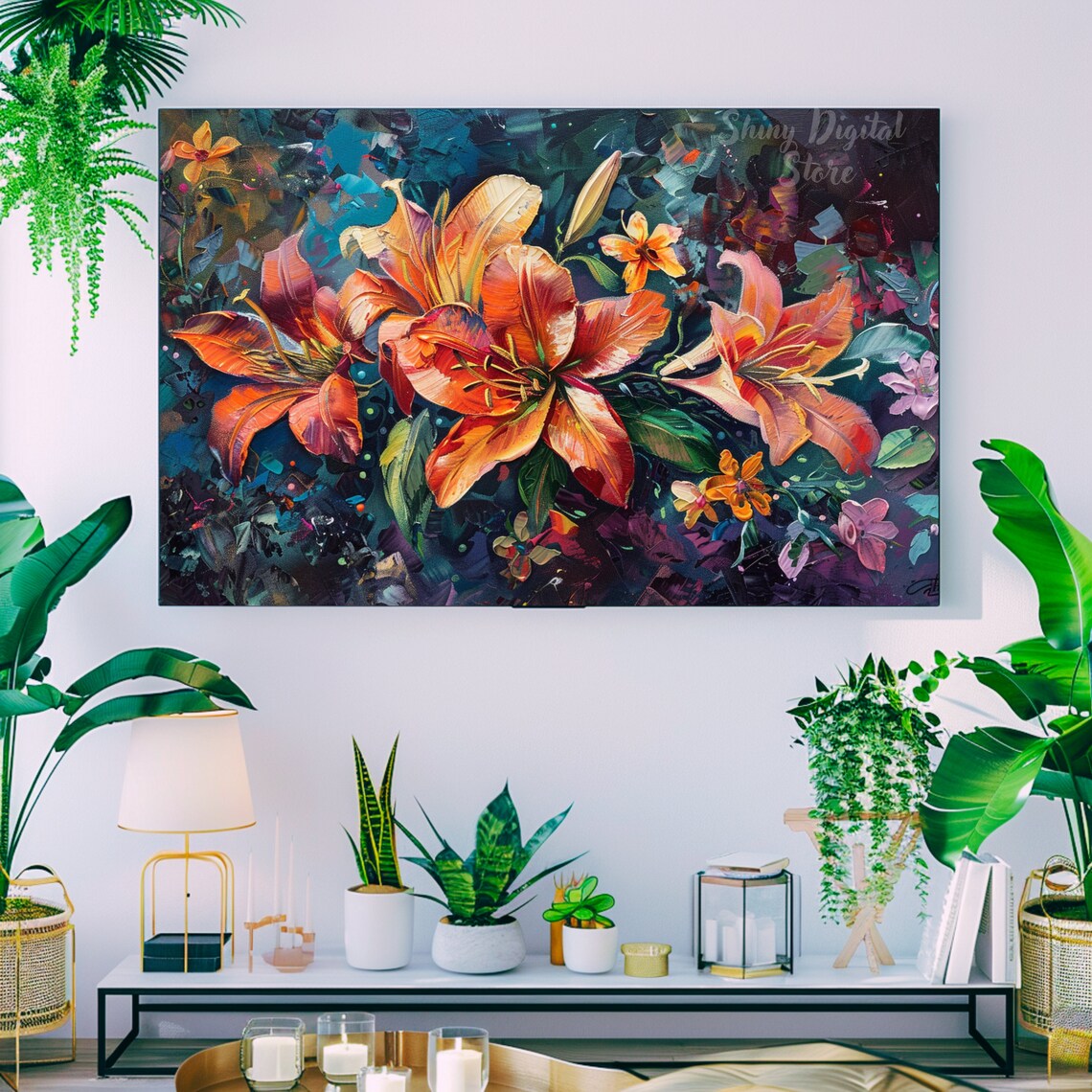 Orange Lilies On Dark Floral Still Life Textured Oil Painting Poster - Image 2
