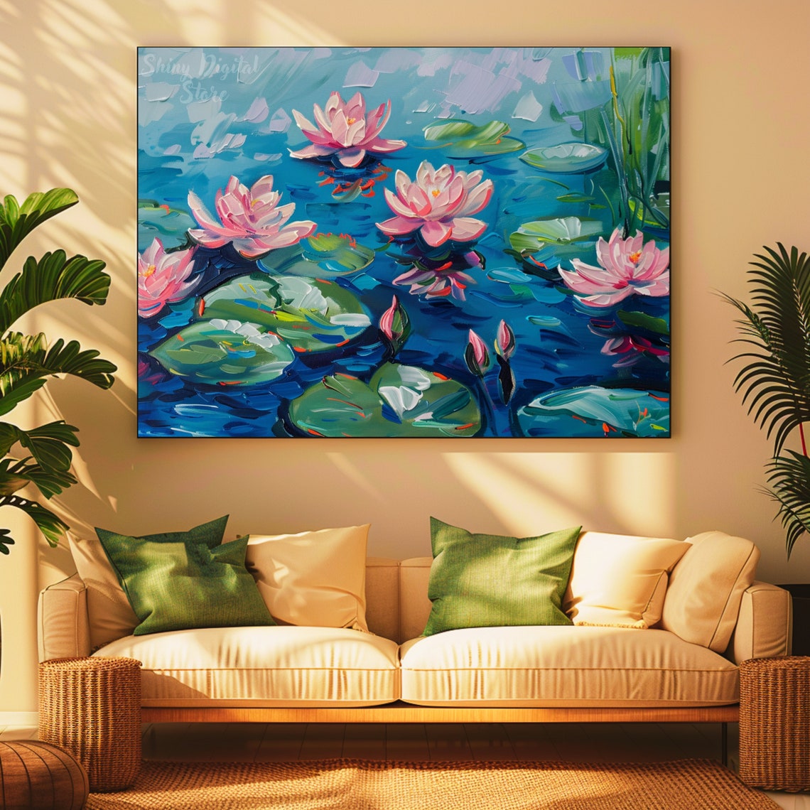 Pink Lotus Flowers Impasto Blue Water Lily Pond Painting Art Poster - Image 2