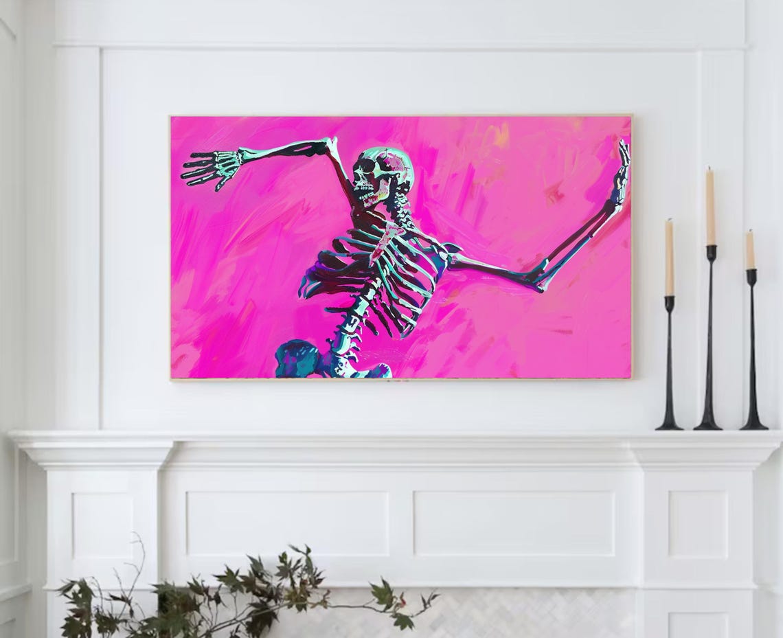 Dancing Skeleton Hot Pink Background Halloween Pop Art Poster - Image 2