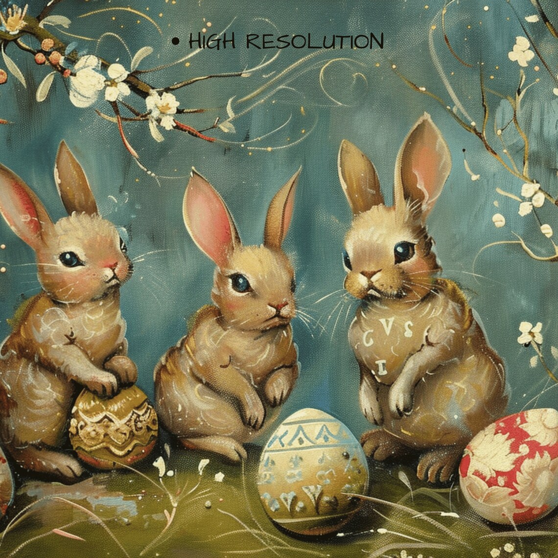 Vintage Easter Bunny Painting Three Rabbits Decorated Eggs Spring Farmhouse Poster - Image 3