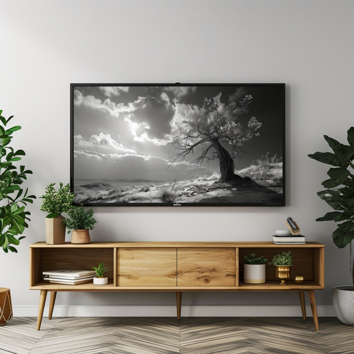 Black White Windswept Tree Storm Clouds Dramatic Landscape Poster - Image 2