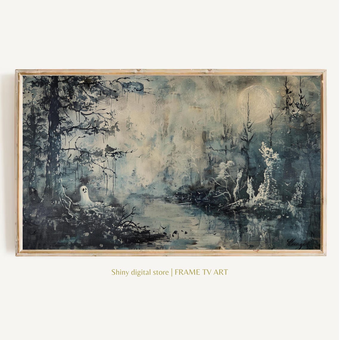 Vintage Ghost Moonlit Swamp Spooky Halloween Forest Landscape Poster