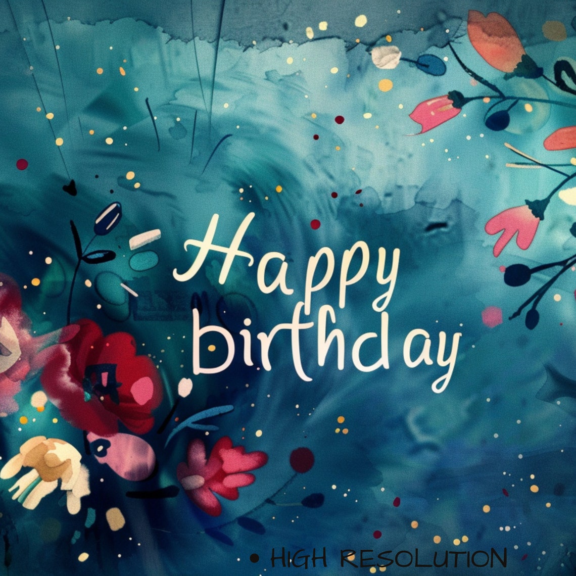 Happy Birthday Teal Watercolor Floral Celebration Script Art Poster - Image 3