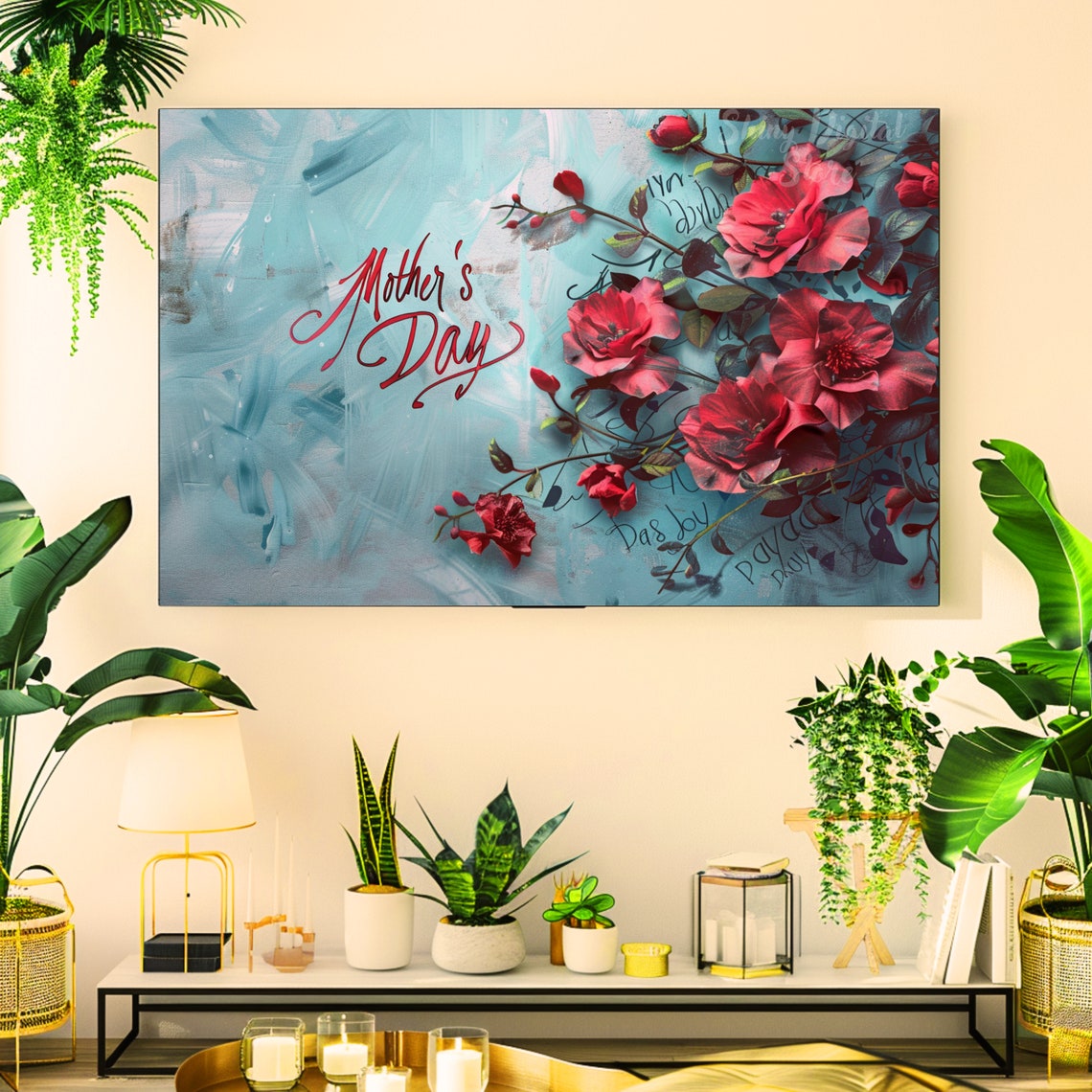 Mothers Day Red Roses Icy Blue Floral Script Greeting Art Poster - Image 2