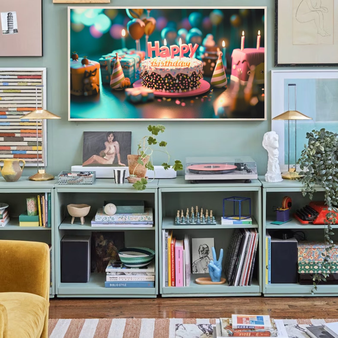 Happy Birthday Cake Party Hats Balloons Celebration Wall Art Print - Image 2