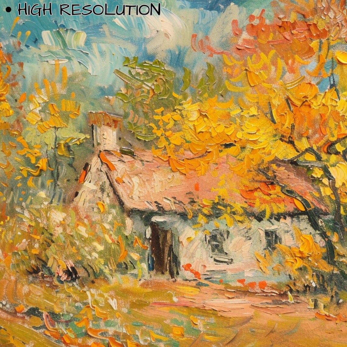 Golden Autumn Cottage Among Yellow Trees Impressionist Oil Wall Art - Image 3