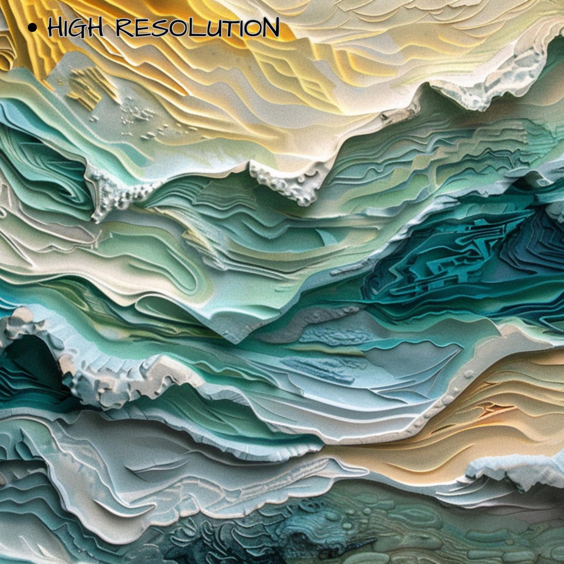 Layered Teal and Gold Ocean Waves Abstract Seascape Textured Poster - Image 3