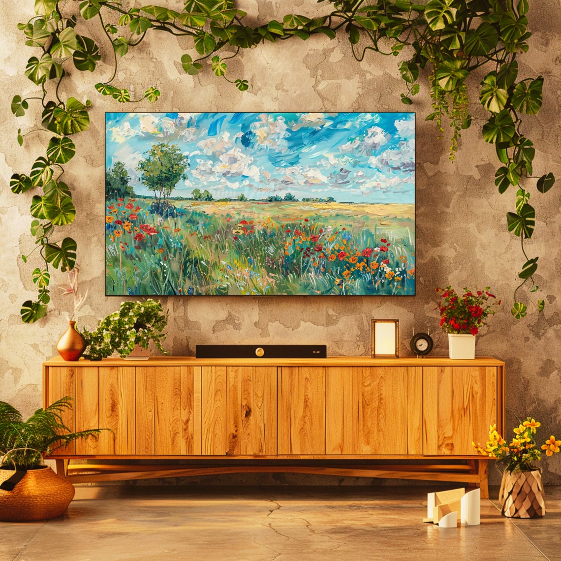 Poppy Wildflower Meadow Green Tree Cloudy Blue Sky Landscape Poster - Image 2