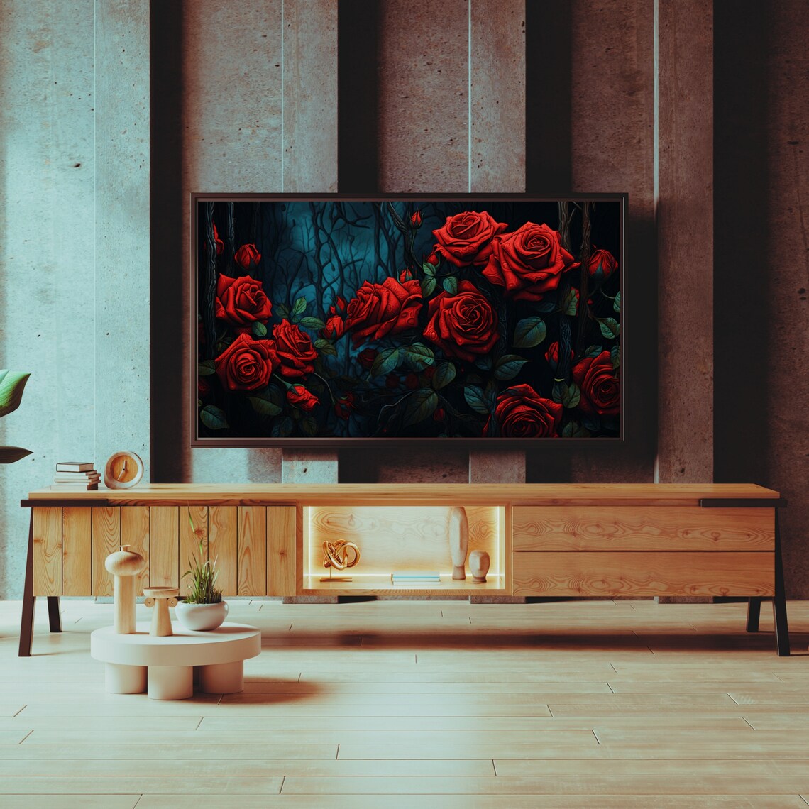 Velvety Red Roses Dark Blue Background Moody Romantic Floral Frame TV Print - Image 2