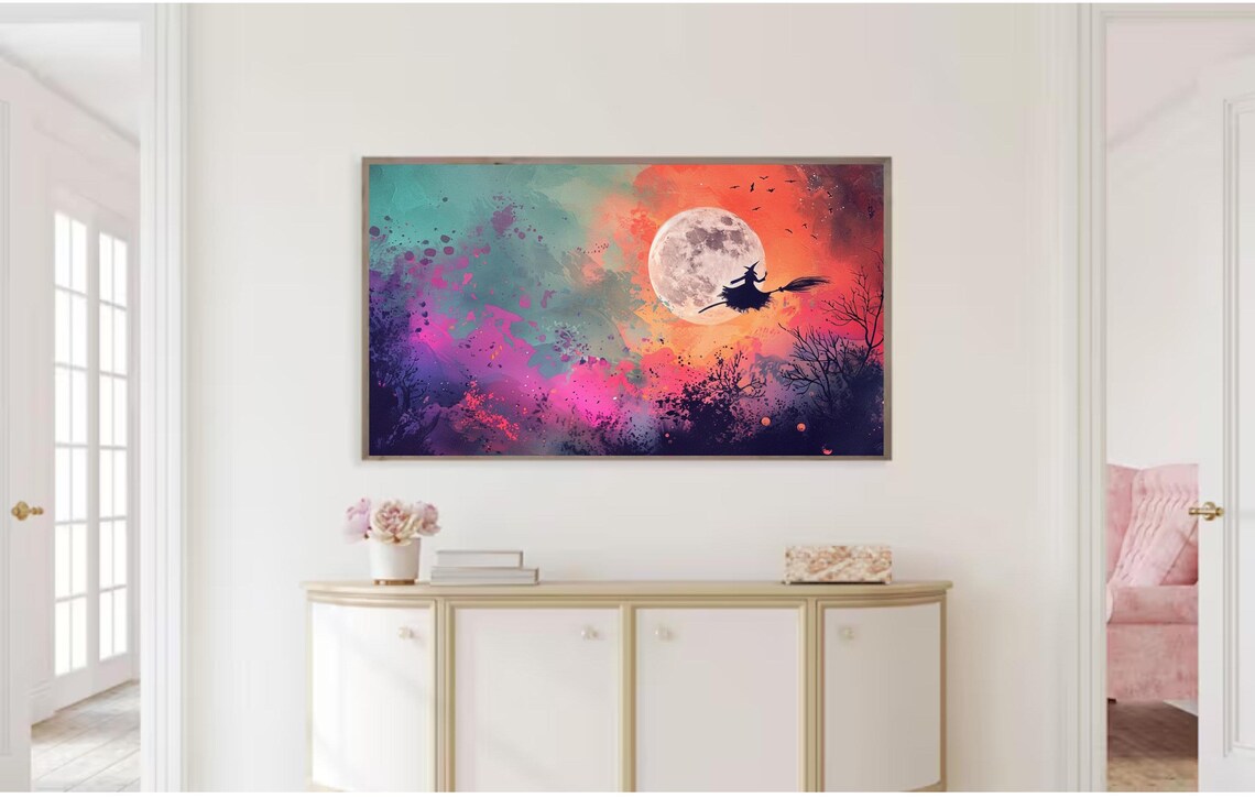 Flying Witch Silhouette Full Moon Colorful Watercolor Halloween Wall Art - Image 3