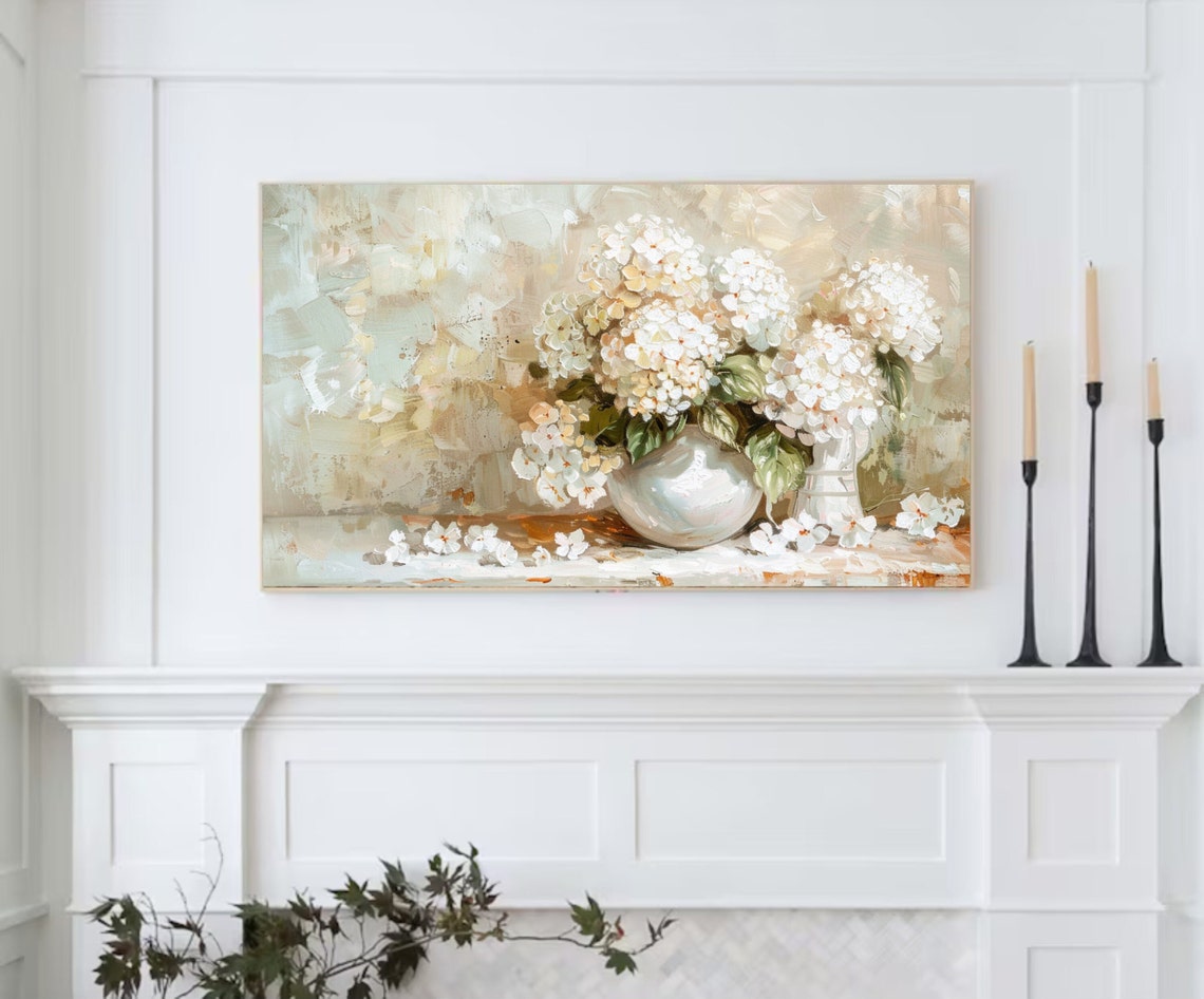 White Hydrangeas In Vases Soft Neutral Floral Oil Painting Poster - Image 2