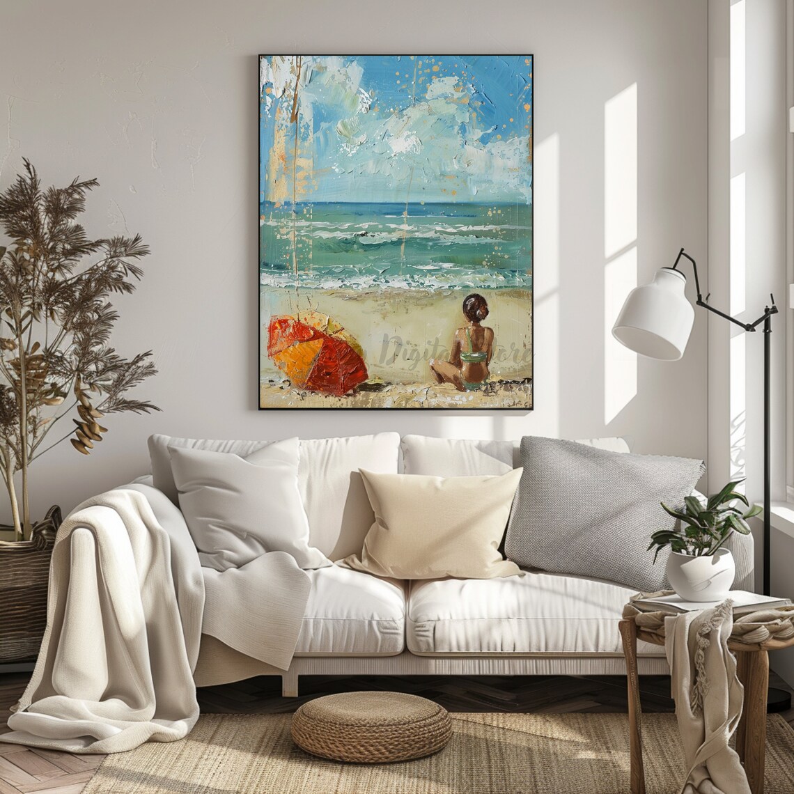 Girl On Beach Watching Ocean Waves Impressionist Oil Painting Poster - Image 2