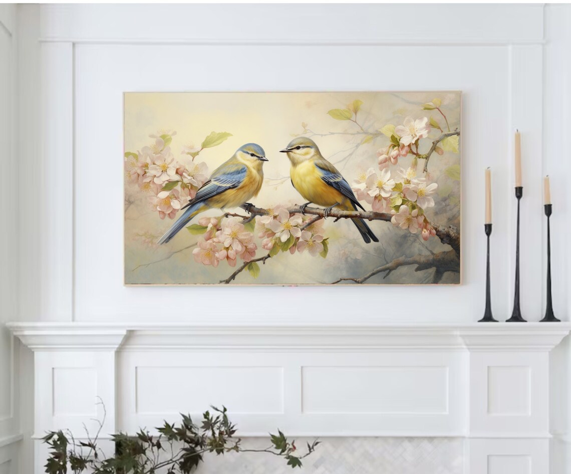 Spring Cherry Blossom Branch Two Songbirds Watercolor Art Poster - Image 2