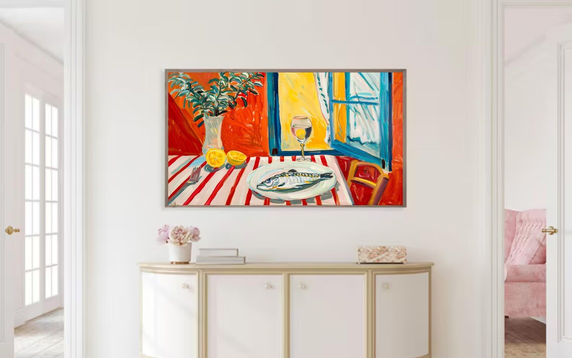 Mediterranean Table Still Life Fish Lemons Wine Fauvist Art Poster - Image 3