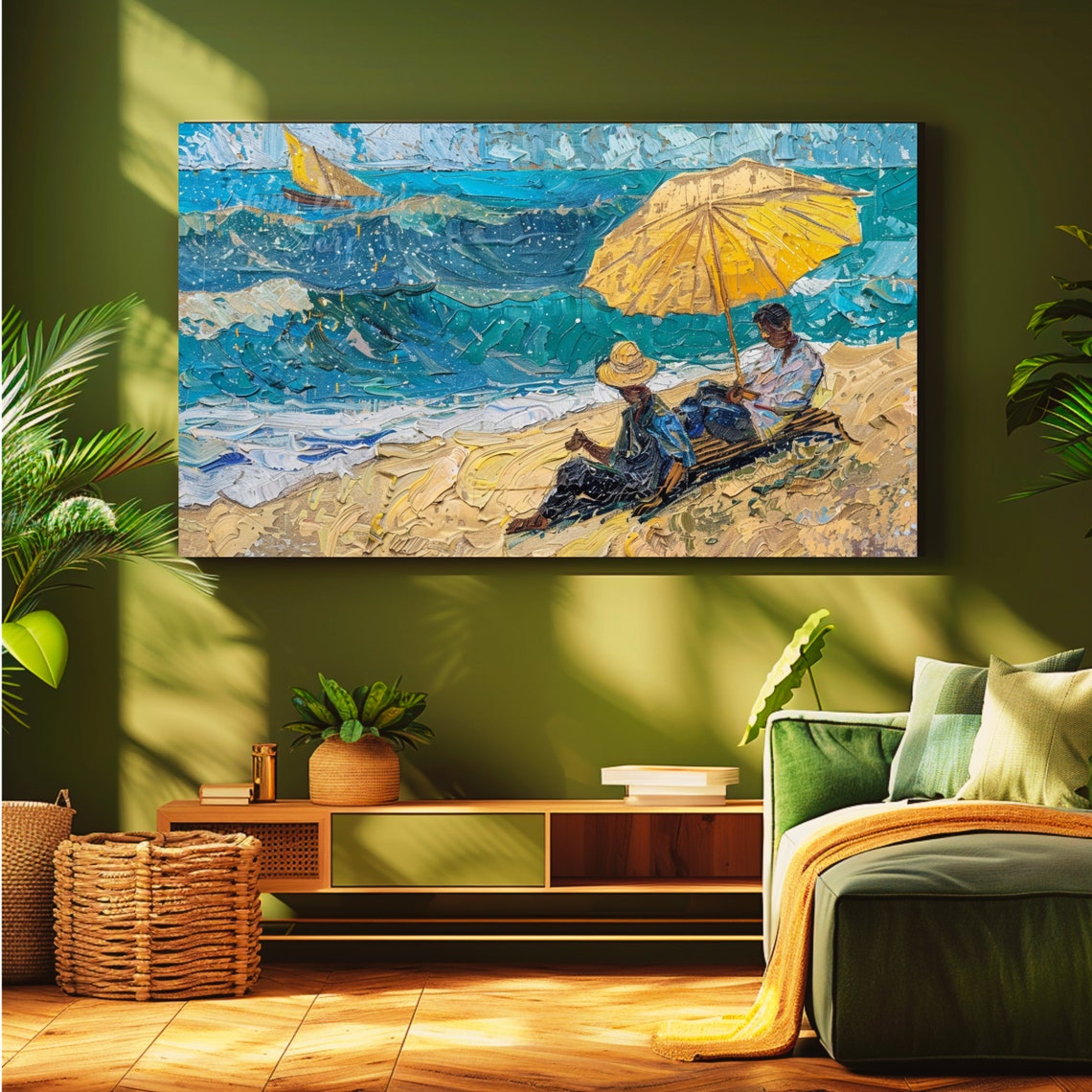 Beach Day Under Yellow Umbrella Sailboat Ocean Waves Painting Poster - Image 2