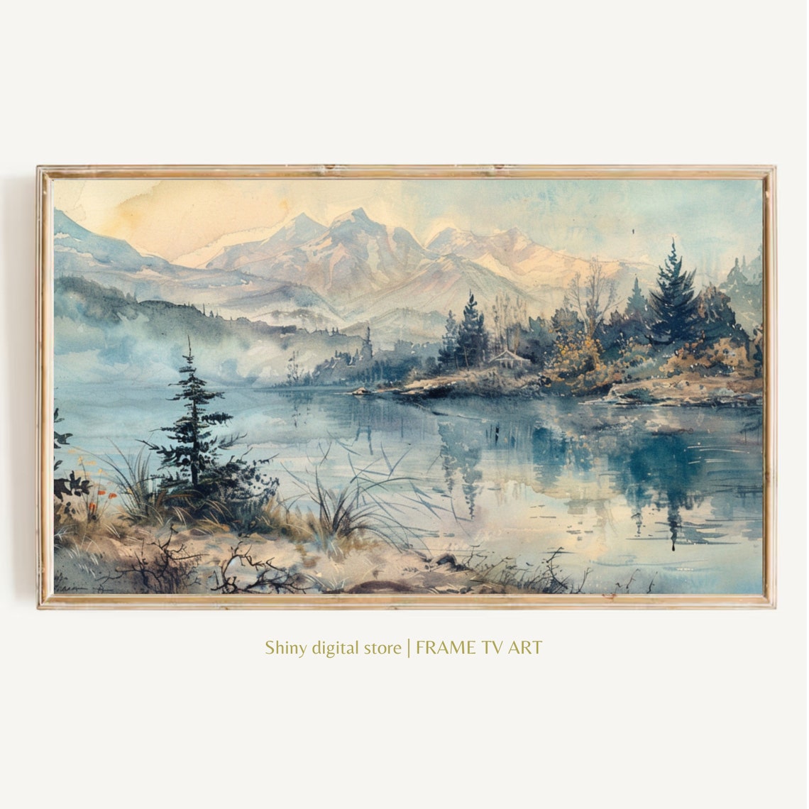 Muted Watercolor Mountain Lake Misty Peaks Antique Nature Poster