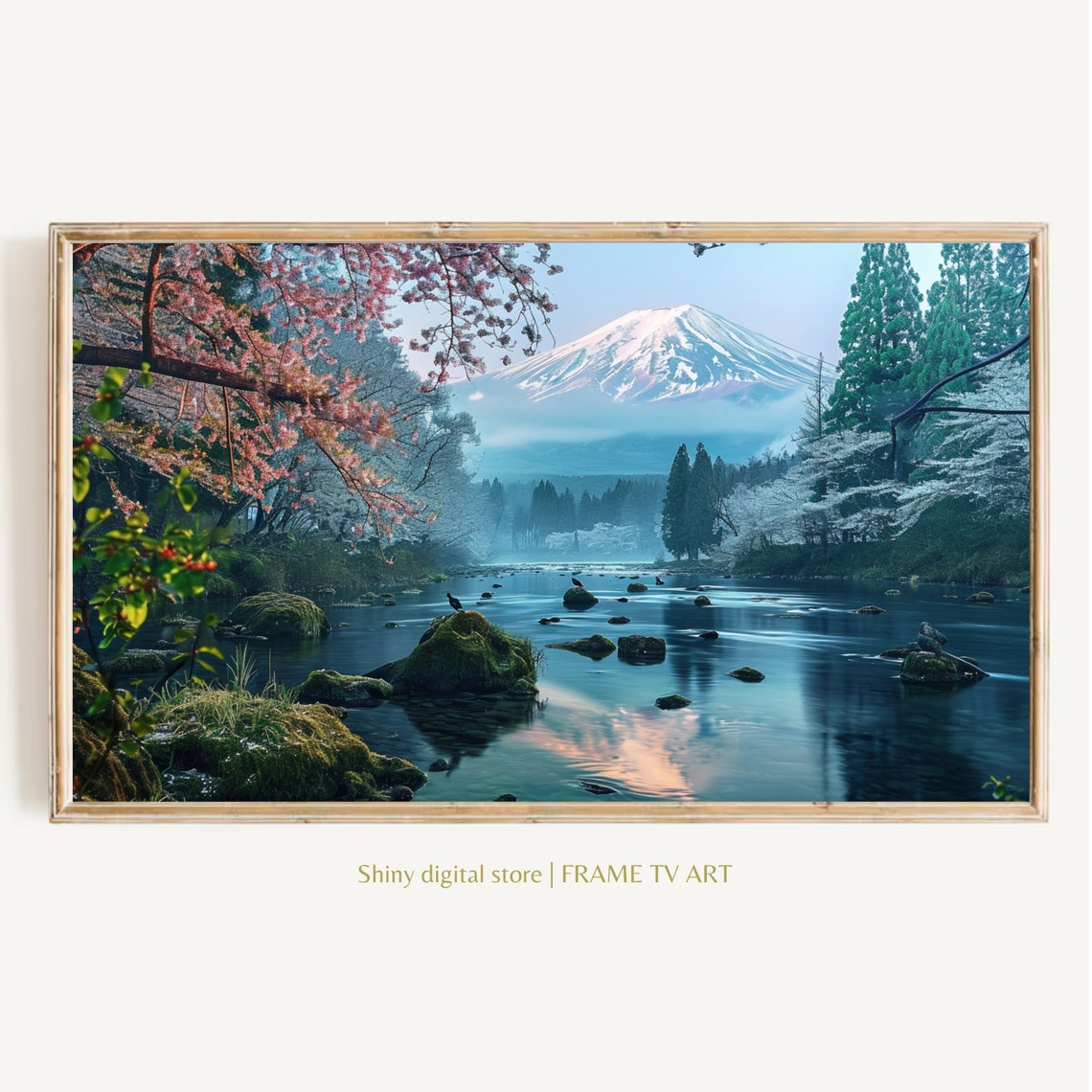 Mount Fuji Cherry Blossom Spring River Japan Landscape Travel Poster