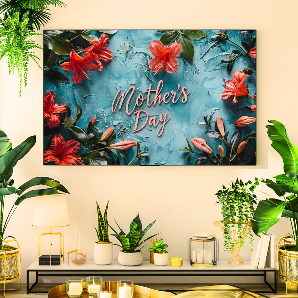 Mothers Day Teal Floral Red Amaryllis Script Greeting Art Poster - Image 2