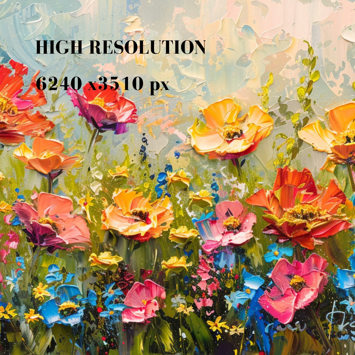 Colorful Impasto Spring Wildflowers Poppy Field Oil Art Poster - Image 3