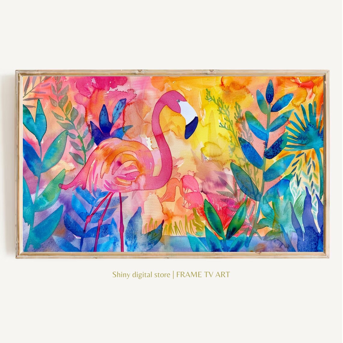Pink Flamingo Tropical Foliage Rainbow Watercolor Bird Wall Art Poster