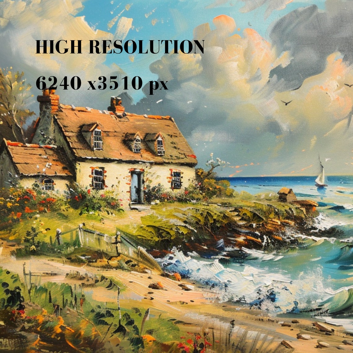 Coastal Cottage On Rocky Cliffs Ocean Waves Vintage Beach Poster - Image 3