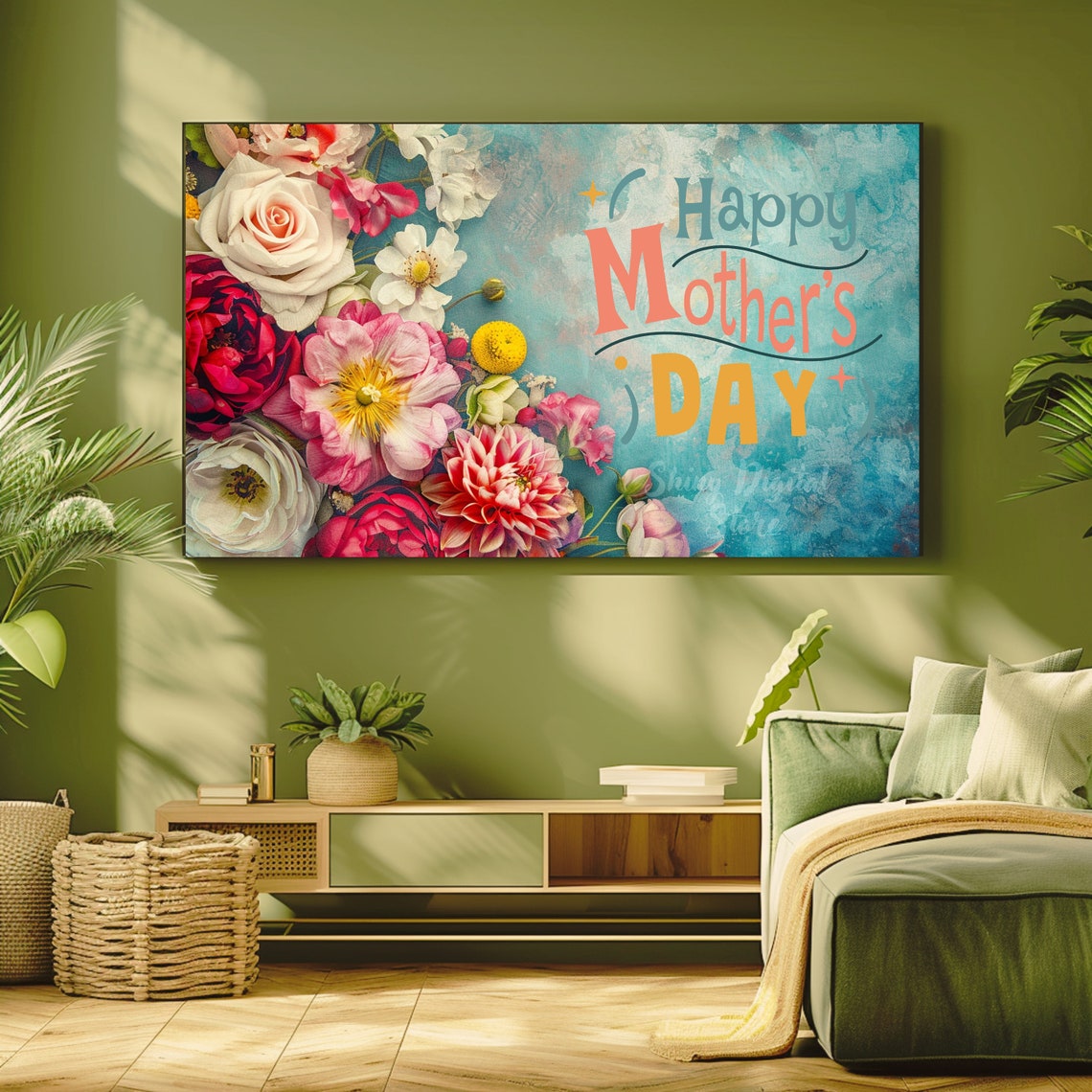 Happy Mothers Day Lettering with Lush Roses Teal Floral Holiday Poster - Image 2