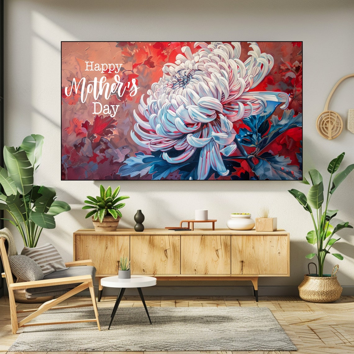 White Chrysanthemum Happy Mothers Day Red Blue Floral Wall Art - Image 2