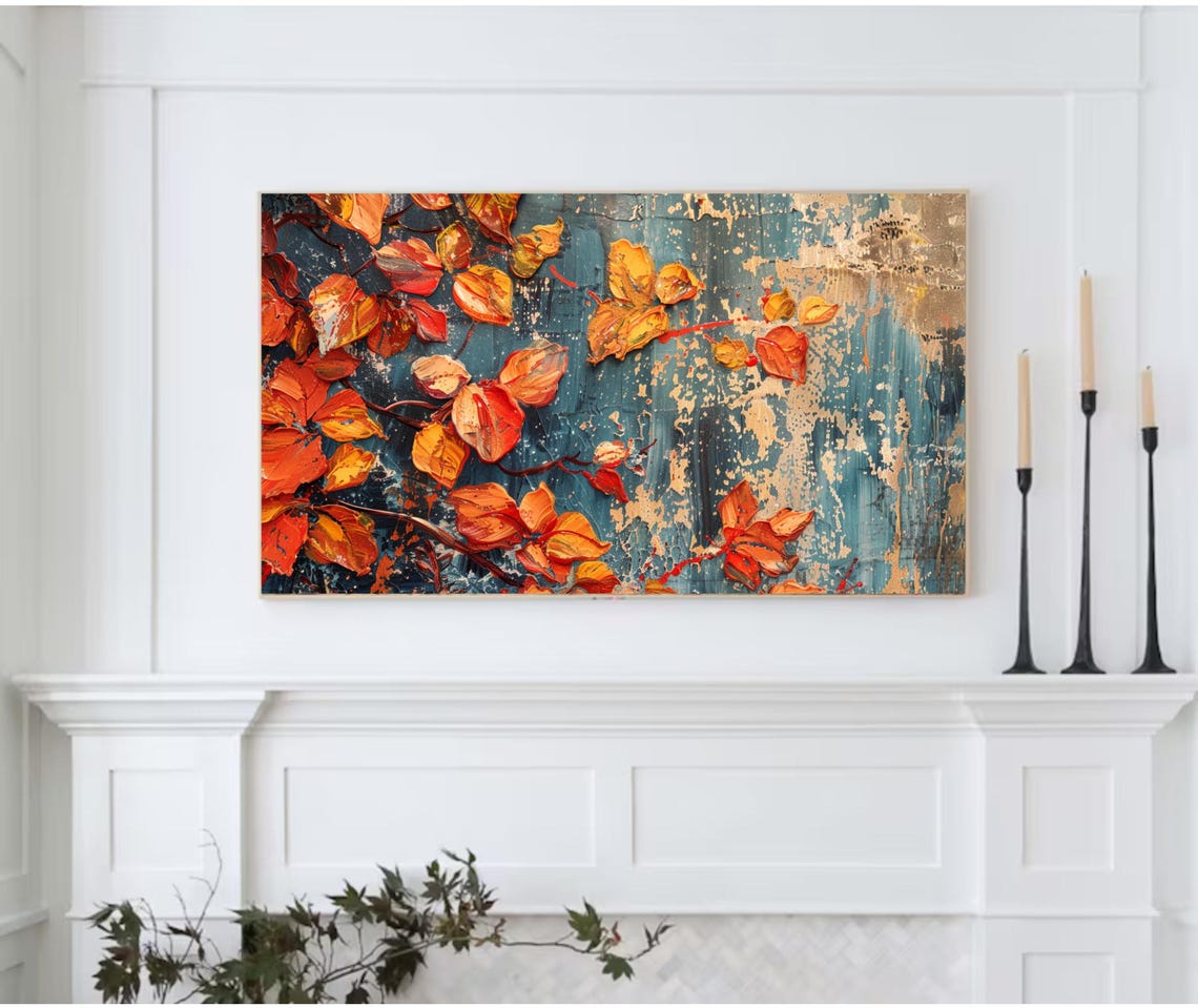 Autumn Leaves Teal Background Textured Fall Foliage Art Poster - Image 2