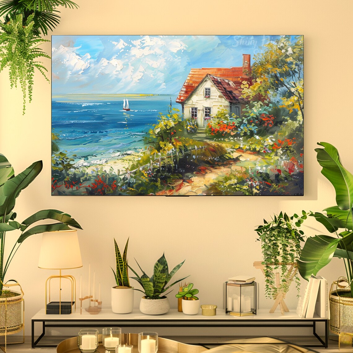 Sunny Coastal Cottage Garden Sailboat Seaside Summer Art Poster - Image 2