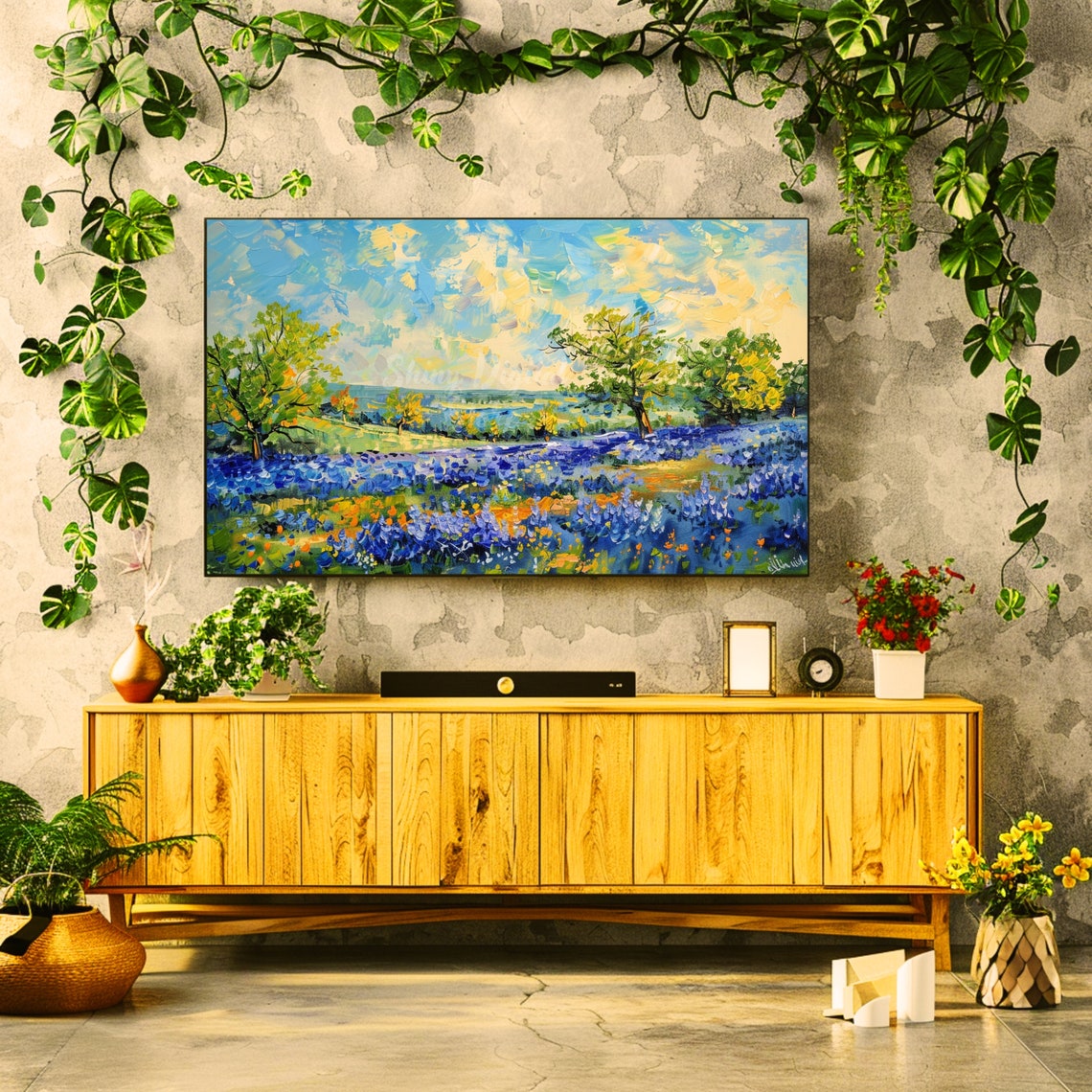 Blue Wildflower Meadow Trees Bright Cloudy Sky Landscape Poster - Image 2