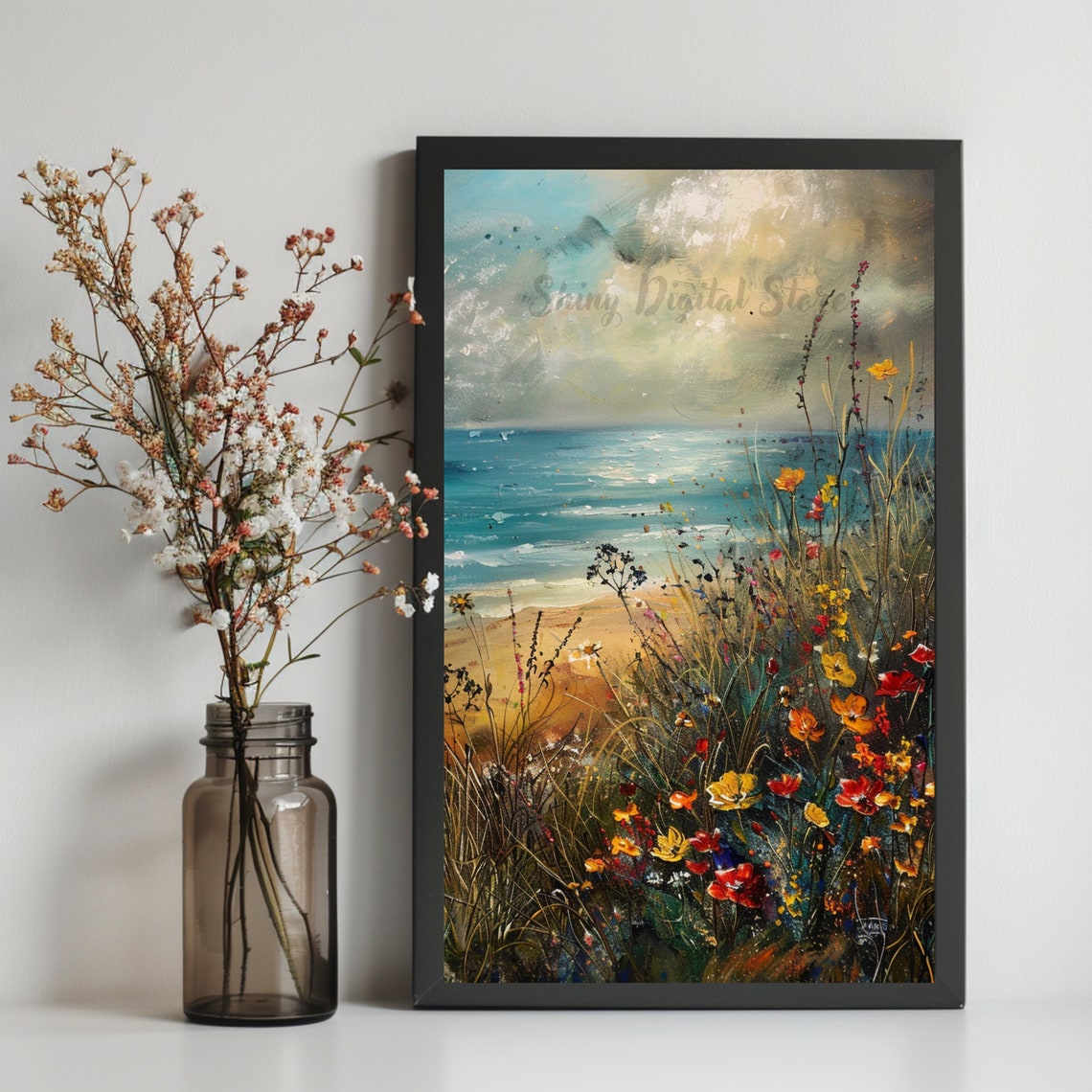 Coastal Wildflowers By Ocean Beach Colorful Meadow Seascape Poster - Image 2