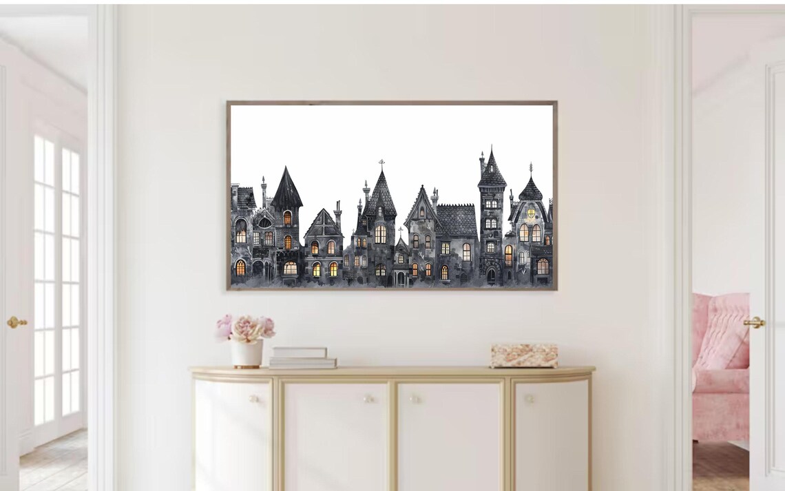 Haunted Houses Watercolor Glowing Windows Spooky Halloween Village Poster - Image 2
