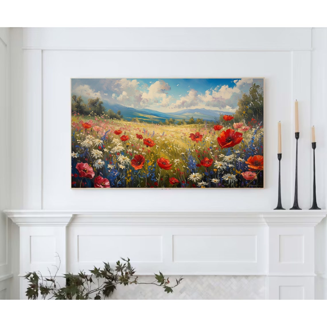 Red Poppies Daisies Summer Field Valley Mountains Blue Sky Art Poster - Image 2