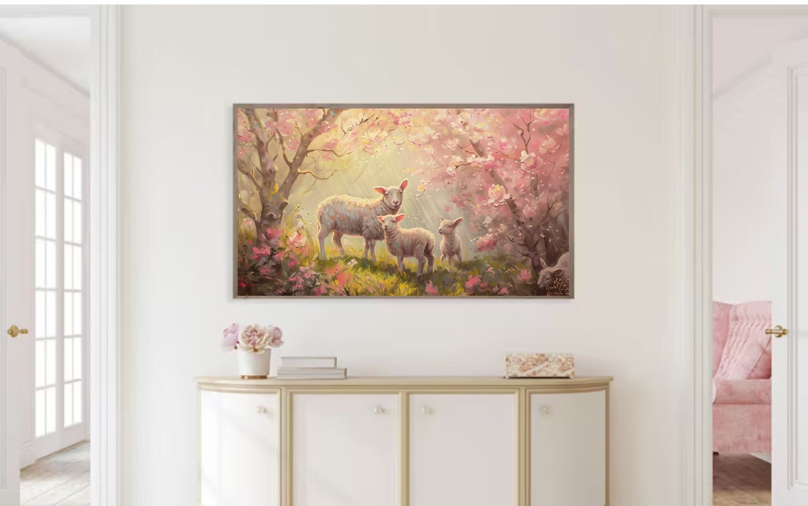 Spring Lambs Under Pink Cherry Blossom Trees Pastel Farm Art Poster - Image 2