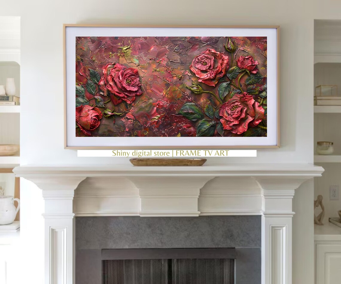 Deep Red Roses Dark Romantic Moody Textured Oil Painting Poster - Image 3