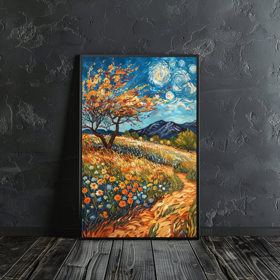 Van Gogh Inspired Wildflower Meadow Orange Tree Starry Night Art Print - Image 2