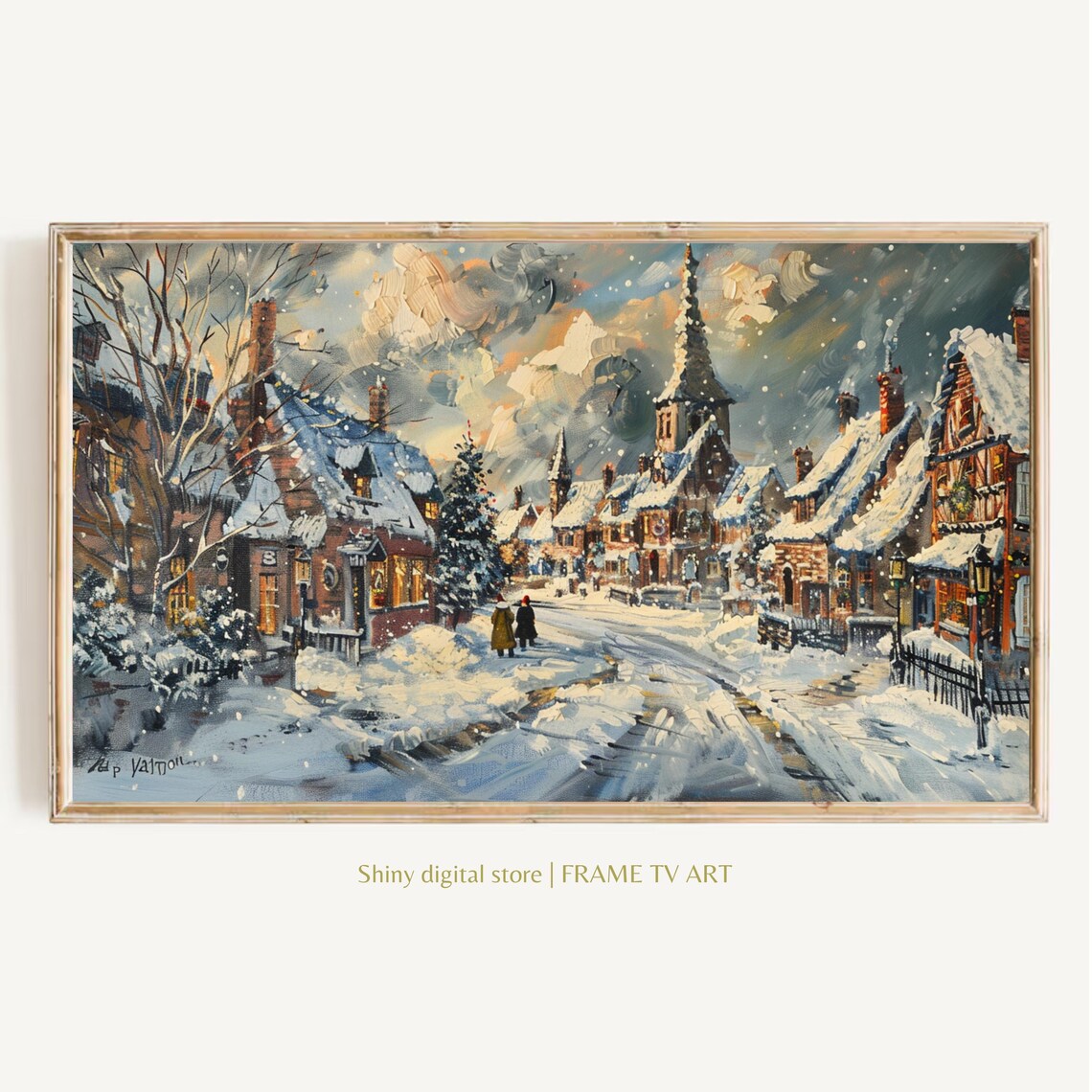 Snowy European Christmas Village Street Winter Night Oil Wall Art