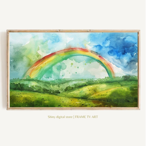 Frame Tv Art St Patricks Day Rainbow In Vintage Landscape Rainbow In Green Countryside Watercolor Painting Frame Tv Art