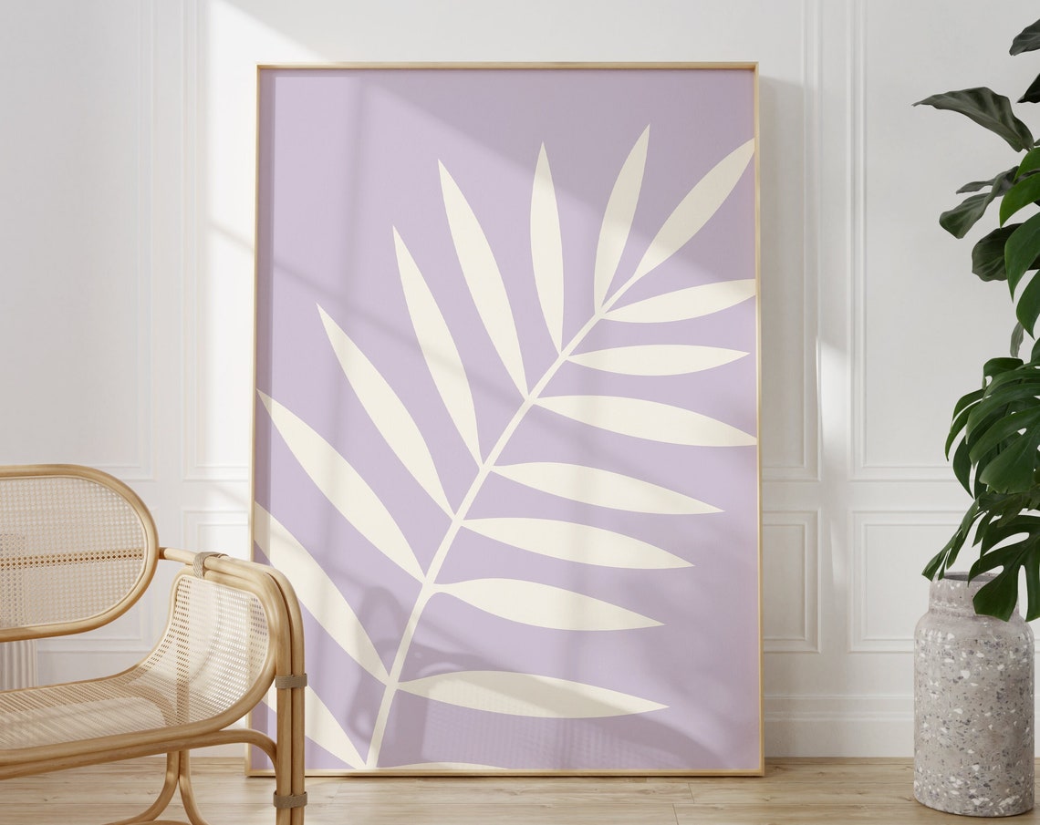 White Palm Leaf Lilac Background Minimalist Botanical Poster
