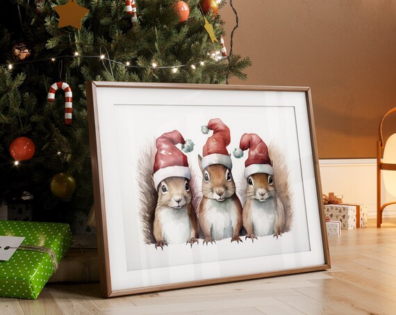 Three Christmas Squirrels Santa Hat Watercolor Holiday Poster
