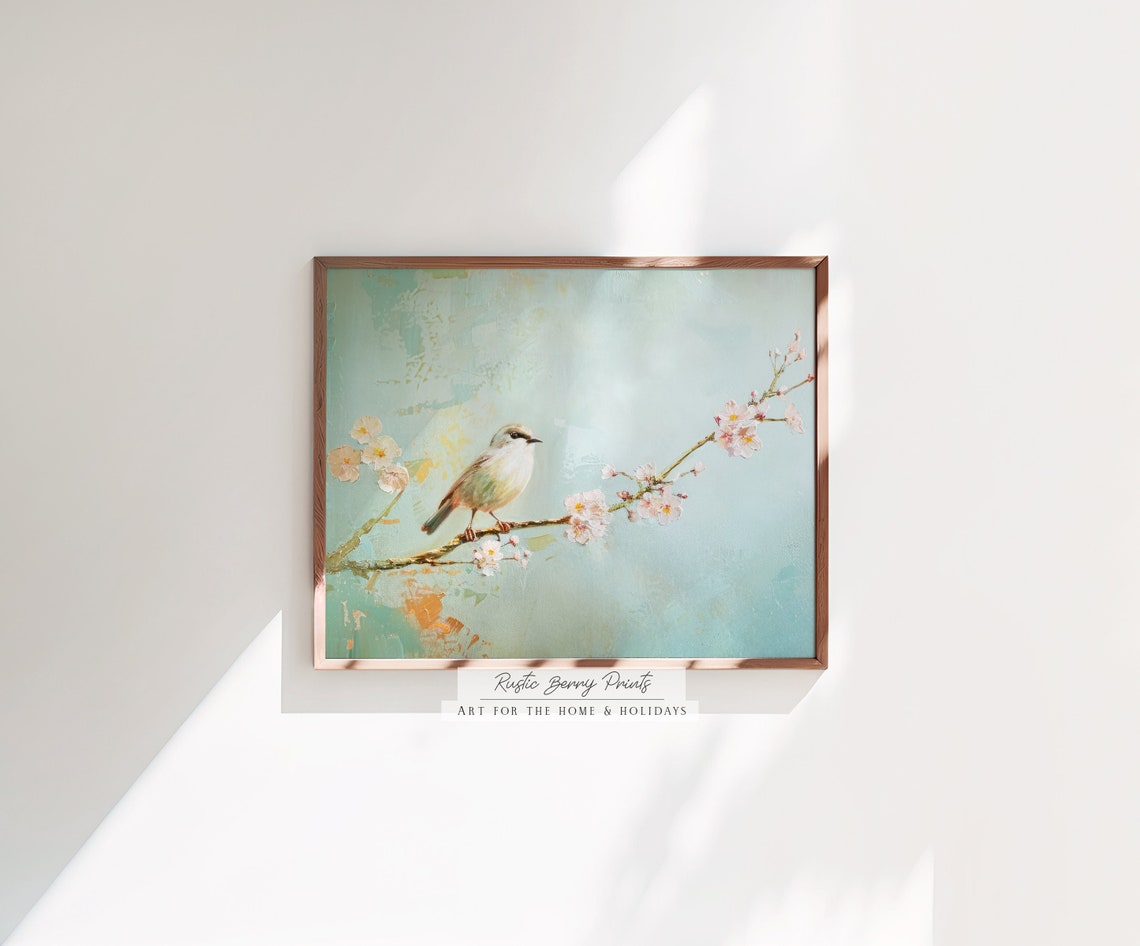 Spring Bird On Cherry Blossom Branch Soft Aqua Oil Painting Wall Art